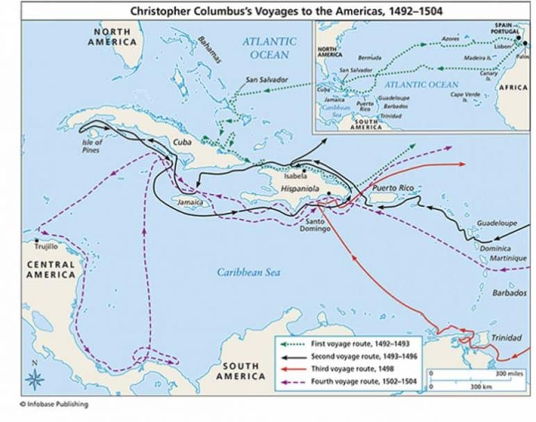 [CREDIT: U.S. Department of the Interior] A poster showing the voyages of Christopher Columbus from 1492-1504. Many states have replaced Columbus Day with Indigenous People's Day. Columbus Day in RI is celebrated.