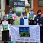 [CREDIT: New England Donor Services] Mayor Frank Picozzi met outside Warwick City Hall with people whose lives have been touched by organ donation Wednesday.