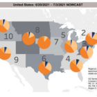 [CREDIT: CDC] The COVID-19 Delta variant is the most dominant in the U.S. now. It is also more contagious and virulent. Above, a CDC map of the percent spread of COVID-19 variants. The Delta variant is marked in dark orange. In region 1, including RI, CT, MA, NH, VT, and ME, the percent cases that are Delta variant is 11.6%.