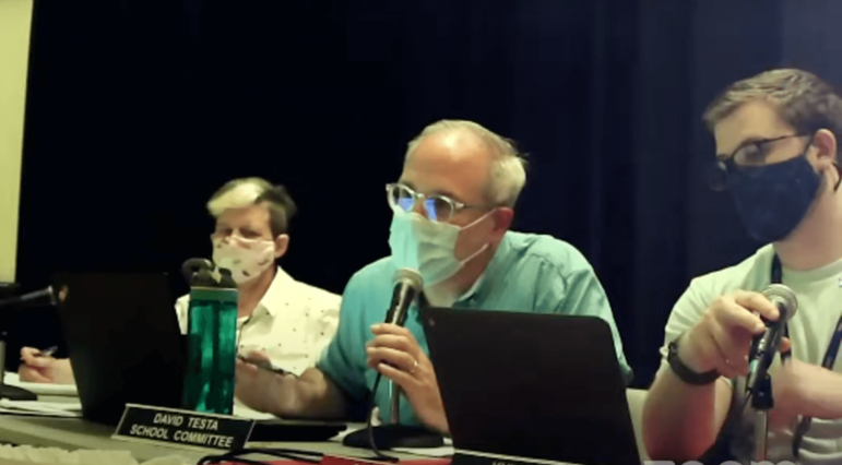 [CREDIT: WPS] From left, School Committee members Karen Bachus, David Testa, and Kyle Adams. Masks in school were discussed by the public, but not the School Committee Tuesday night.