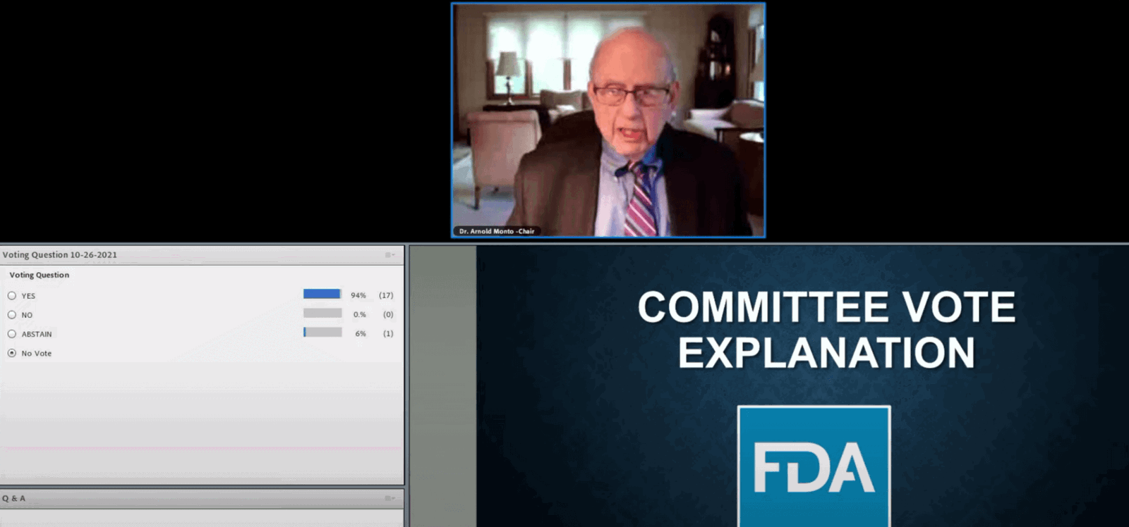 [CREDIT: FDA] Dr. Arnold Monto, chair of the FDA Vaccines and Related Biological Products Advisory Committee, summarized the approval of the Pfizer 5-11 COVID-19 Tuesday.