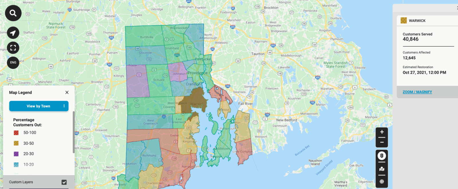 [CREDIT: National Grid] Wednesday's storm cut power to about 90,000 homes, with a wind advisory remaining in effect through the afternoon.