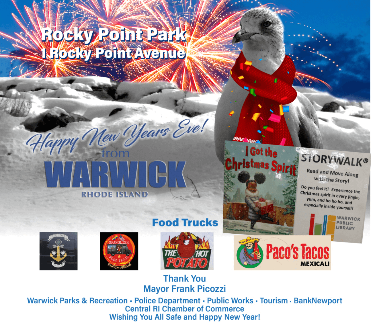 [CREDIT: City of Warwick] Warwick is hosting an outdoor New Year's Eve celebration at Rocky Point Park, with fireworks, music and games.