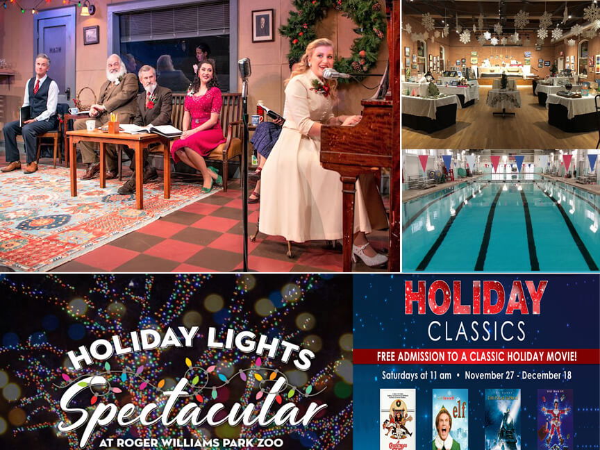 [CREDIT: Warwick Post Illustration] It's a holiday-packed Warwick Weekend! Clockwise, from top, It's a Wonderful Life at the Gamm, WCFA's Winter Market, Swim at McDermott Pool, free movies at Showcase, and holiday lights at Roger Williams' Park.