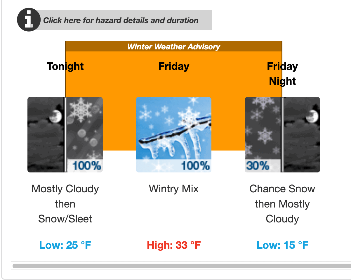 [CREDIT: NWS] The National Weather Service warns of snowy weather lasting through the night Thursday, and until 8 p.m. Friday. Warwick has a parking ban in effect, as do about 30 cities and towns.