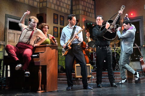 [CREDIT: Theater by the Sea] From left, Taylor Issac Gray, Emma Wilcox, Summers, Seals, and Viviano in "Million Dollar Quartet."