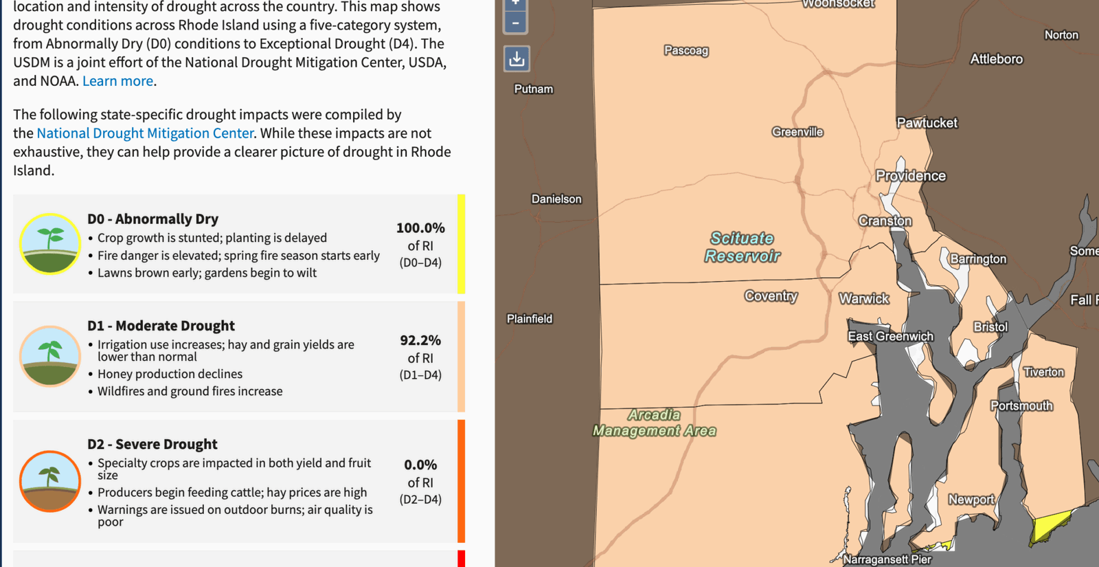 [CREDIT: Drought.gov] Most of RI is experiencing moderate drought. Kent County Water Authority has ordered odd-even water use, and the Warwick Water Authority has asked its customers to follow suit voluntarily.