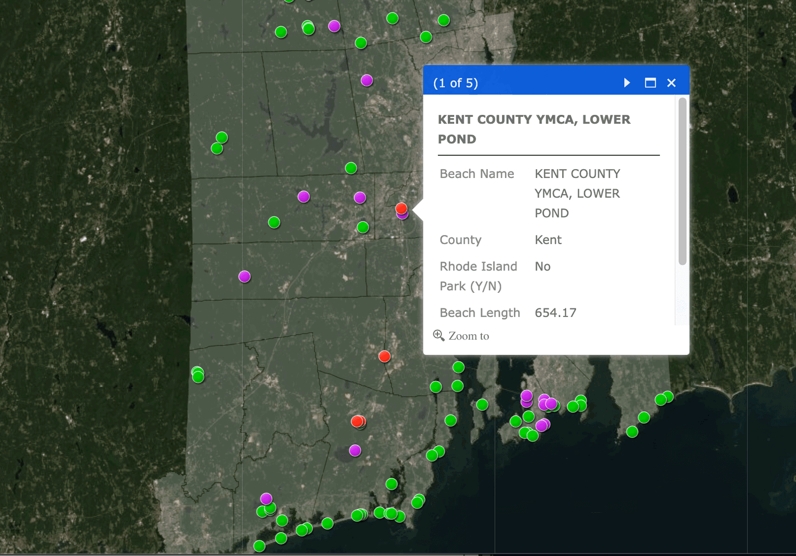 [CREDIT: RIDOH] The state's beach closure map shows four beaches, Kent County YMCA, Camp Hoffman Beach and Kingston’s Camp Beach in Kingston, Camp Canonicus Beach in Exeter, are closed due to high bacteria counts in the water.