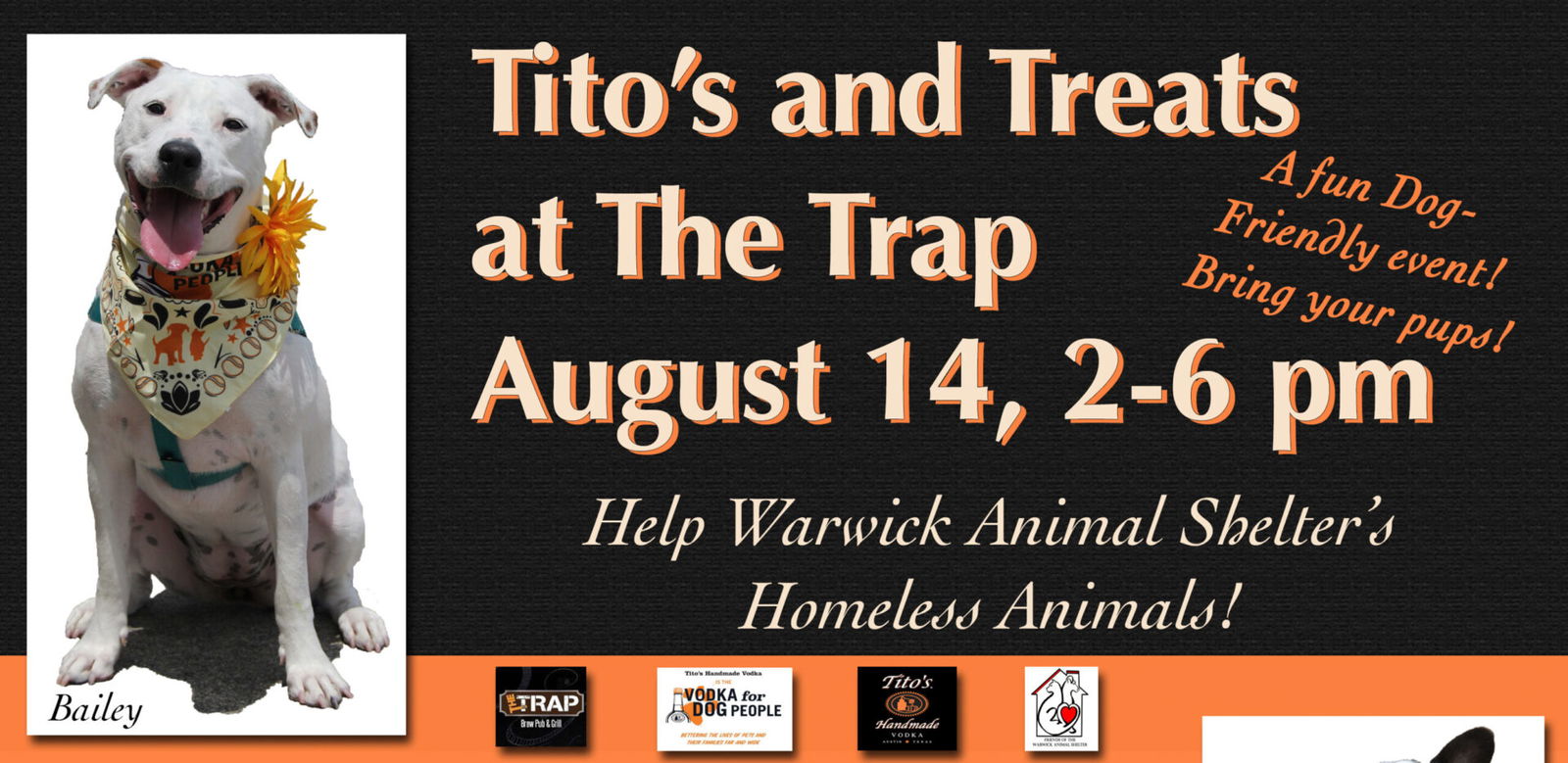 [CREDIT: The Trap] The Tito’s and Treats fundraiser for The Warwick Animal Shelter will be at The Trap at 195 Old Forge Road, East Greenwich, RI, Aug. 14.