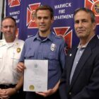 [CREDIT: Mayor Picozzi's Office] From left, Mayor Frank Picozzi, WFD Capt. Andrew Sisson, and WFD Chief Peter McMichael at WFD Headquarters, where Picozzi honored Sisson for an Oct. 15 off-duty rescue in Tiverton.