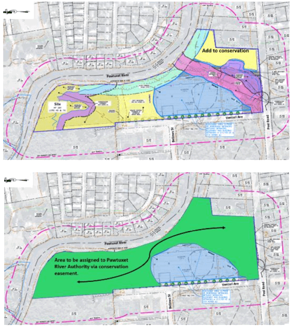 [CREDIT: City of Warwick] At top, the current proposal for a contractor storage facility at 175 Post Road. Below, Planner Tom Kravitz's proposal to increase conservation space in the plan.