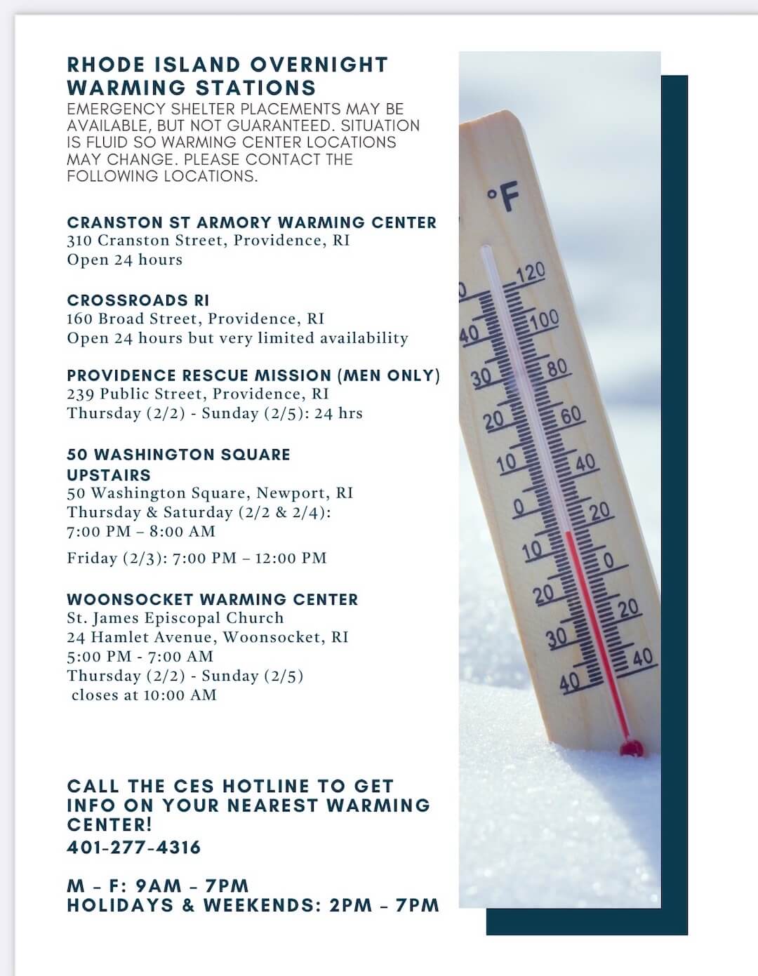 [CREDIT: RI Coalition to End Homelessness] The Coalition has distributed a list of possible overnight warming centers for the homeless.