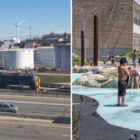 [CREDIT: DEM] DEM is seeking input on its environmental justice policy to help communities receiving more than their share of pollution and fewer recreation resources. Left: Port of Providence as seen from I-95; right: the spray park at Joslin Recreation Center in the Olneyville section of Providence. Funding from a DEM Outdoor Recreation Grant in 2016 paid for improvements at the spray park including shade sails, landscaping, and play structures.