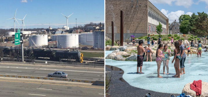 [CREDIT: DEM] DEM is seeking input on its environmental justice policy to help communities receiving more than their share of pollution and fewer recreation resources. Left: Port of Providence as seen from I-95; right: the spray park at Joslin Recreation Center in the Olneyville section of Providence. Funding from a DEM Outdoor Recreation Grant in 2016 paid for improvements at the spray park including shade sails, landscaping, and play structures.