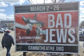 [CREDIT: Joe Siegel] rotesters objected to the billboard promoting Gamm Theatre's production of "Bad Jews,"