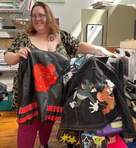 [CREDIT: Rob Borkowski] A pair of decorated jackets on sale for the Outsider Collective's Wearable Art Show April 21.