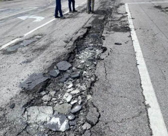 [CREDIT: Mayor Frank Picozzi] Two water main breaks on Centerville Road (Rte. 117) closed traffic for the day Aug. 24. The second, pictured here, was about 150 yards away from the first break at the intersection of Commonwealth Avenue.