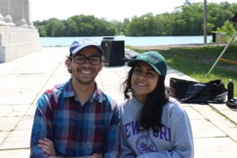 [CREDIT: New Artists Studio] On location at the Temple to Music at Roger Williams Park for the filming of Suburban Fantasy, a short musical film in by Coventry native and Hendricken grad Peter Mancuso, left. With him is Producer Sabeen Shalwani. Rhode Island featured significantly in the locations.