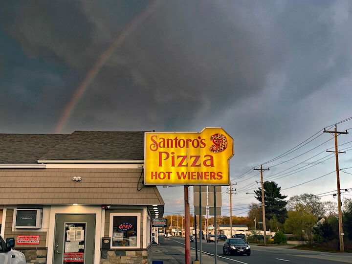 [CREDIT: Rob Borkowski] A rainbow over Santoro's Pizza April 27, nine days after the restaurant reopened under the management of brother-sister team Nicholas and Deanna Labrakis, children of Santoro's founder, the late Ioannis “John” Labrakis.