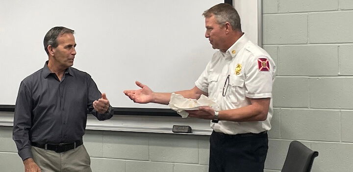 [CREDIT: Rob Borkowski] WFD Dep. Chief Mike Mernick and Mayor Frank Picozzi speak during an event honoring Mernick's life-saving actions in Providence on Oct. 15, 2023.