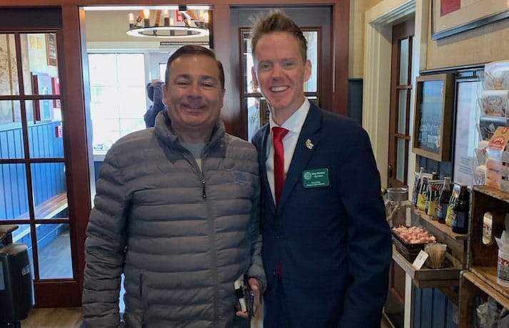 [CREDIT: Courtesy Kim Wineman] From left, RI House Speaker Joseph Shekarchi and Dan Friel, who helped organize Iggy's free Veterans Day breakfast Saturday, Nov. 11, 2023.