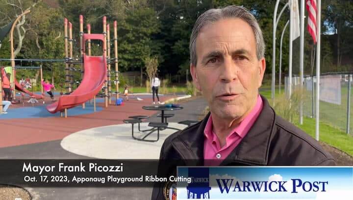 [CREDIT: WarwickPost.com] Mayor Frank Picozzi speaks about Apponaug Playground upgrades and continuing playground improvements.