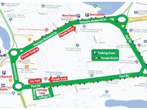 [CREDIT: Warwick Police Department] A map of the parade route, parking and carriage rides for the Rolling, Strolling Apponaug Winter Festival.