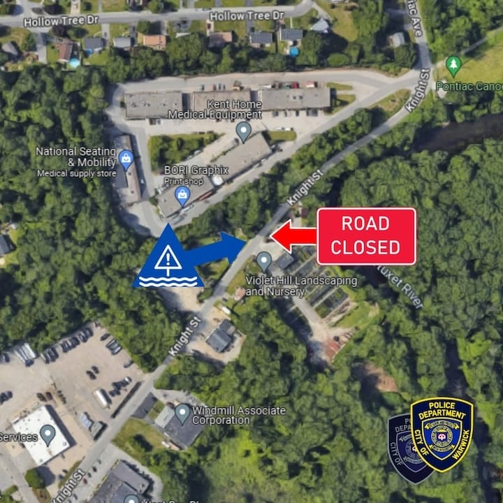 [CREDIT: Warwick Police] Storm damage has closed Knight Street to thru traffic in the area of 60 Knight St. Local businesses are open. Access to the 11 Knight Street Business Park has to be accessed via Pontiac Avenue, Cranston. 