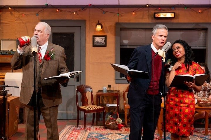 [COURTESY OF NILE SCOTT STUDIOS] Fred Sullivan, Tony Estrella, Lynsey Ford on the set of Gamm's It's a Wonderful Life" radio play.