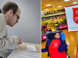 [CREDIT: RI WINS] RI WINS, a program matching the skills and passions of people with disabilities to local business needs, reports early successes.From left, Michael enlisted his tech talent at CareLink, and Tramell focused on his love of sneakers in the retail store at Salvation Army as a bell ringer.