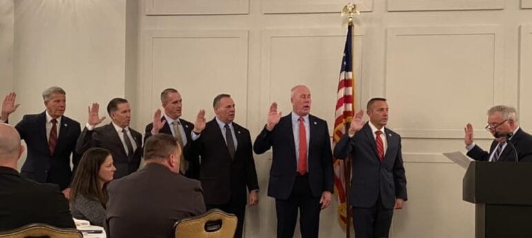 [CREDIT: Mayor Picozzi's Office] Rhode Island State Supreme Court Justice Francis X. Flaherty swore in the new board for the RI Police Chiefs Association Jan. 12. At far right is WPD Police Chief Col. Brad Connor. With him are: Chief Thomas F. Oates, III, Woonsocket Police Department – Vice President; Colonel Michael Correia, Barrington Police Department – Sergeant-at-Arms; Colonel Michael J. Winquist, Cranston Police Department – Secretary; Chief Matthew C. Moynihan, South Kingstown Police Department – Treasurer