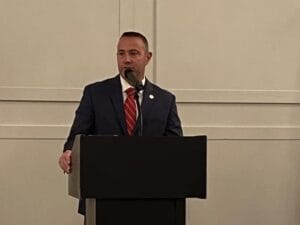 [CREDIT: Mayor Picozzi's Office] Warwick Police Chief Col. Brad Connor speaks following his swearing in as the RI Police Chiefs Association President.