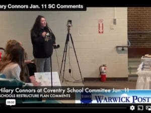 [CREDIT: Rob Borkowski] In Coventry RI news, Hilary Connors speaks about the Coventry Schools Restructure plan at the Jan. 11 School Committee meeting at Coventry Middle School.