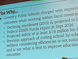 [CREDIT: Rob Borkowski] A slide in Superintendent Don Cowart's review of his Coventry Schools restructure plan, which many critics said did not adequately answer questions raised Jan. 11.