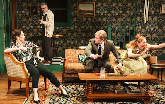 [CREDIT: Cat Laine] The members of a house party scatter in 'Who's Afraid of Virginia Woolf?' From left: Jeanine Kane (Martha), Tony Estrella (George), Gunnar Manchester (Nick), Gabrielle McCauley (Honey).