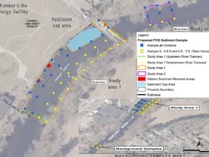 [CREDIT: BASF] A map of Pawtuxet River sediment testing that will determine additional presence of olychlorinated biphenyls (PCBs) and volatile organic compounds (VOCs) in sediments along the banks.