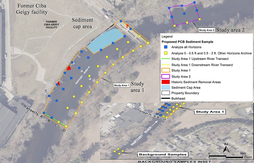 [CREDIT: BASF] A map of Pawtuxet River sediment testing that will determine additional presence of olychlorinated biphenyls (PCBs) and volatile organic compounds (VOCs) in sediments along the banks.