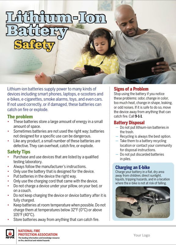 [CREDIT: NFPA] A tip sheet on proper use, charging and disposal of Lithium-Ion batteries. 