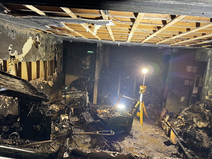 [CREDIT: Chief Frank Brown] The scene of the battery explosion that caused the apartment fire at 978 Tiogue Ave. In the bottom center, the E-bike is visible. An off-brand charge cord, not recommended for the battery, caused it to explode. 