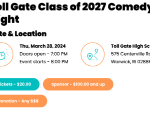 [CREDIT: Funny4Funds] Toll Gate Comedy Night March 28-  A comedy night fundraiser for the class of 2027 featuring local comedians with Funny4Funds.