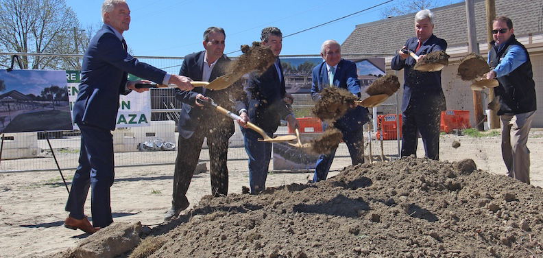 [CREDIT: Warwick Tourism Dept.] Warwick held the City Hall Plaza groundbreaking ceremony at City Hall Thursday morning, for what will be the Greenwood Credit Union Plaza. Mayor Picozzi, Senator Jack Reed, Senator Sheldon Whitehouse, and representatives from Greenwood Credit Union