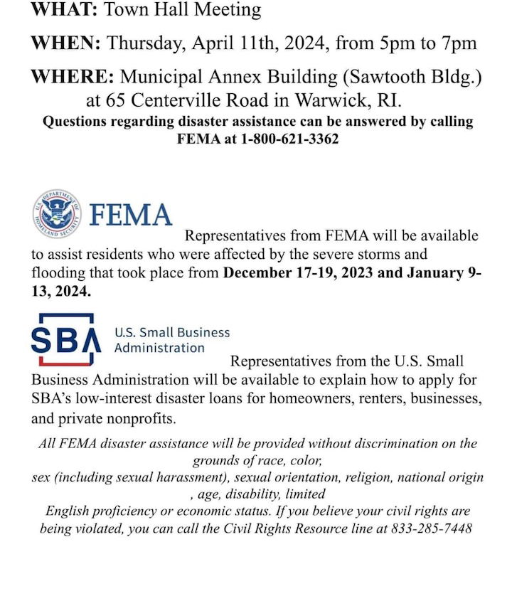 [CREDIT: Mayor Picozzi] A Warwick flood damage meeting with officials offering aid to residents following recent storms will be held at the Sawtooth Building, 65 Centerville Road, from 5 to 7 p.m. Thursday.