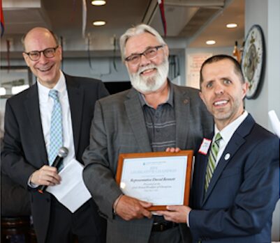 [CREDIT:LPPIB] From left, Robert A. Walsh, Jr., Rep Bennett, and Jed Thorp, Clean Water Action director.