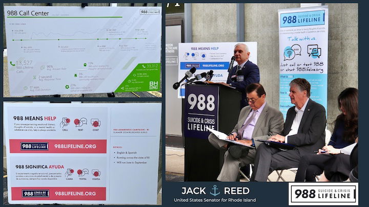 [CREDIT: Sen. Jack Reed] U.S. Sen. Jack Reed, Sen. Sheldon Whitehouse, RI Speaker Joe Shekarchi, and Gov. Dan McKee toured the 988 Lifeline call center and marked #MentalHealthMonth with them Monday to advance suicide prevention efforts.