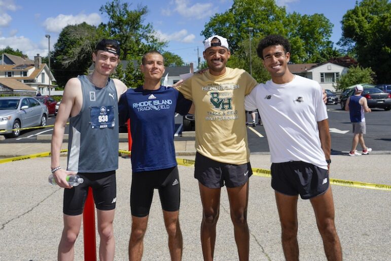 [CREDIT: Laura Paton] The top male runners from Saturday’s Gaspee Days 5K race. At left, Ryan Gallagher, 25, of Jamaica Plain, MA with a time of 15:02, in fifth place. Next to him is Nick Celico, 27, of Westerly, with a time of 14:53. At right, First place male runner, Abdel Laadjel, 20, of Providence, with a time of 14:20. Next to him, in yellow T-Shirt, is Bronson Venable, 33, of Warwick, with a time of 14:39.