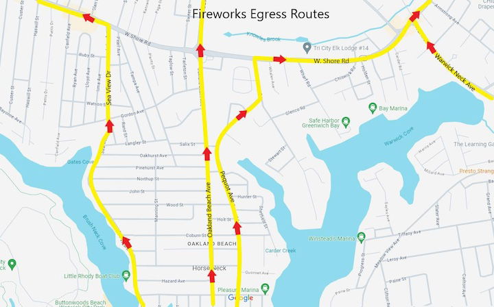 [CREDIT: Warwick Tourism Dept.] A map of Oakland Beach parking and egress routes for Warwick Fireworks July 3, 2024.