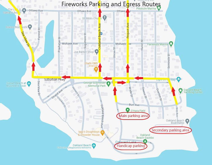 [CREDIT: Warwick Tourism Dept.] A map of Oakland Beach parking and egress routes for Warwick Fireworks July 3, 2024.