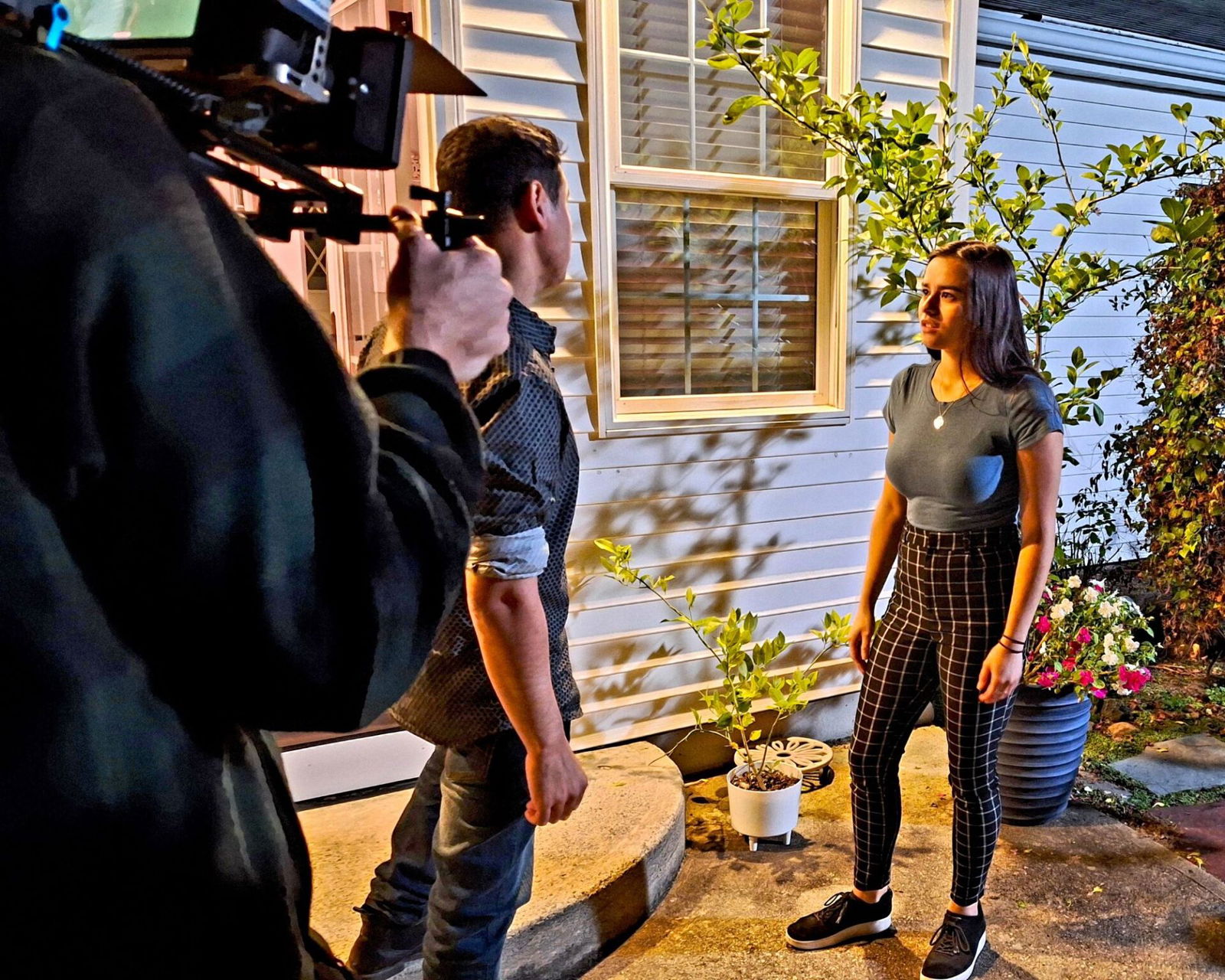 [CREDIT: Gamm] Above, filming a scene for "Charles Street" are from left, Vinnie Velez, and Katrina Brianne.