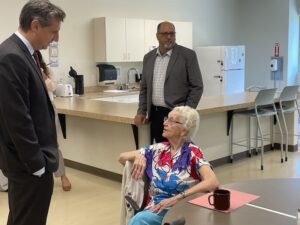 [CREDIT: Rob Borkowski] Congressman Seth Magaziner visited Coventry Senior Center June 18. In the photo above, Magaziner speaks with Germaine Calci, 90.