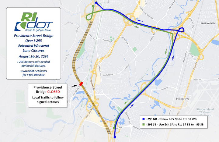 CREDIT: RIDOT] Friday, Aug. 16, RIDOT begins an extended weekend Rte. 295 closure in Warwick, West Warwick and Cranston to replace the Providence Street Bridge.